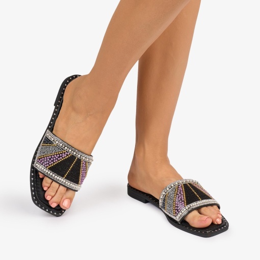PAPUCI dama din Piele ECOLOGICA CU STRASURI COLORATE LF1076 CULOARE: NEGRU - Img 2