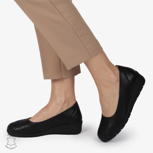Balerini dama din Piele Naturala cu talpa groasa si Perforati LF01381NEGRU - Img 2
