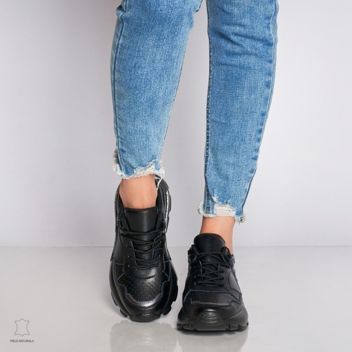 Pantofi Casual dama din Piele naturala cu talpa groasa LF0046 Negru - Img 2