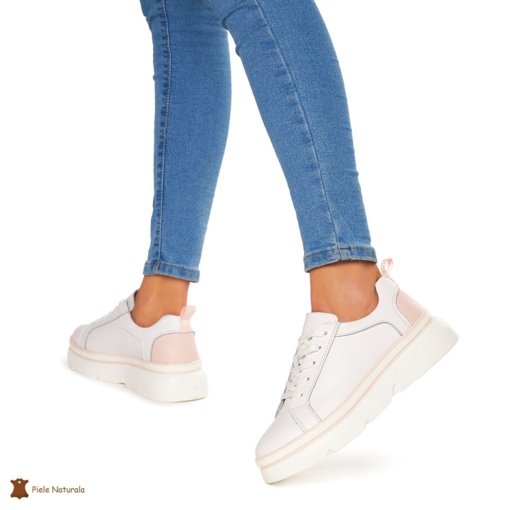 Pantofi Casual dama din Piele naturala cu talpa groasa LF0054 ALB CU ROZ - Img 3
