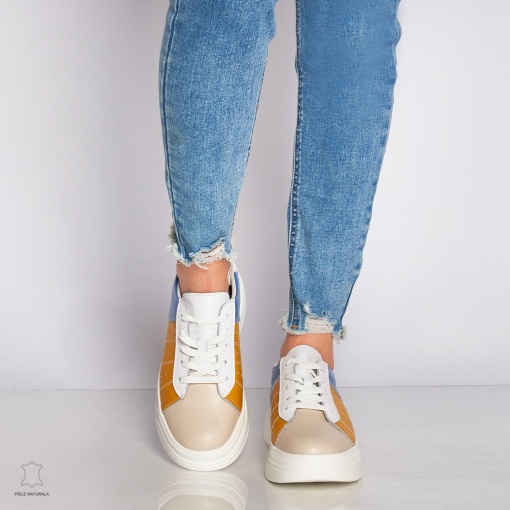 Pantofi Casual dama din Piele naturala cu talpa groasa Multicolor LF0040 MUSTAR - Img 3