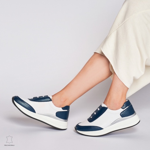Pantofi Casual dama din Piele naturala LF1233 CU INCHIDERE ELASTIC BLEUMARIN CU ALB - Img 3
