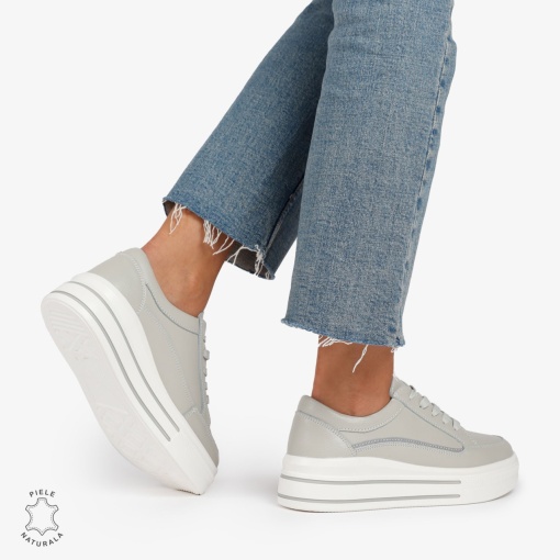 Pantofi Casual de dama din Piele Naturala cu talpa inalta si Dungi LF1203 GRI - Img 4