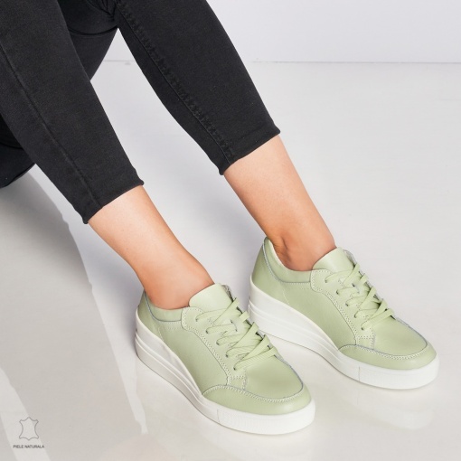 Pantofi casual de dama din piele naturala cu talpa plata LF0034 Verde - Img 2