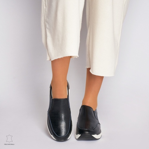 Pantofi casual de dama din piele naturala cu talpa platforma LF0015 Negri - Img 2