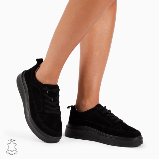 Pantofi Casual de dama din Piele Naturala INTOARSA CU TALPA INALTA LF1210 NEGRU - Img 2