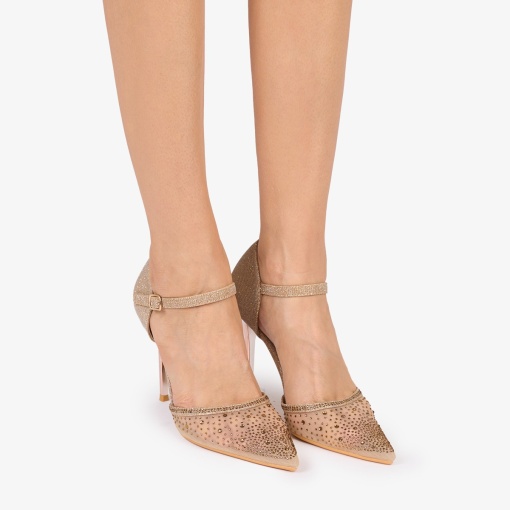 PANTOFI ELEGANTI dama din Piele ECOLOGICA SI STRASURI Aurii CU TOC Subtire LF1030 AURIU - Img 2