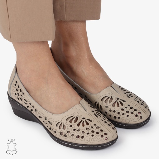 BALERINI dama din Piele naturala PERFORATA SLIP-ON CU TOC MIC LF1362 BEJ - Img 3