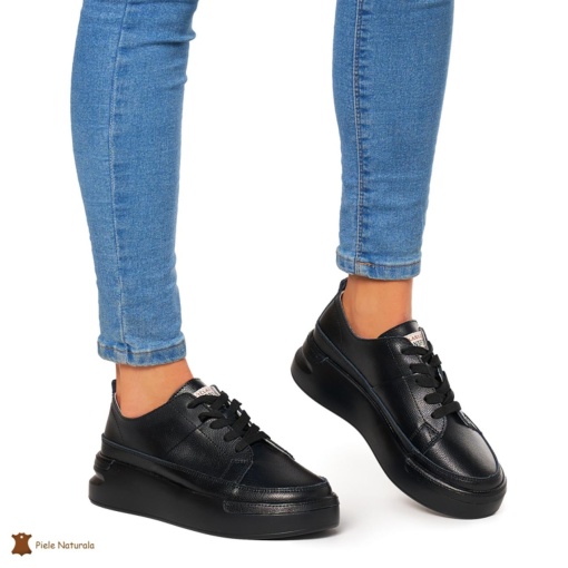 Pantofi Casual dama din Piele naturala cu talpa groasa LF0056 NEGRU - Img 3
