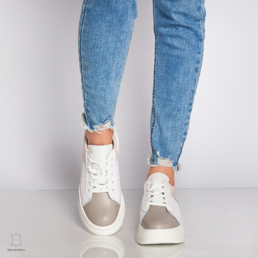 Pantofi Casual dama din Piele naturala cu talpa groasa Multicolor LF0040ALB CU ROZ - Img 4