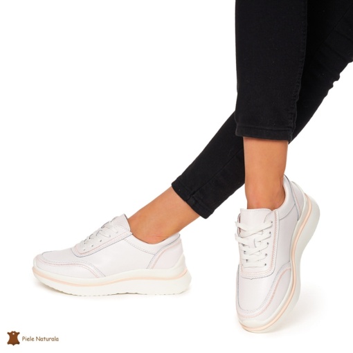 Pantofi casual dama din Piele naturală LF1325 ALB CU ROZ - Img 4