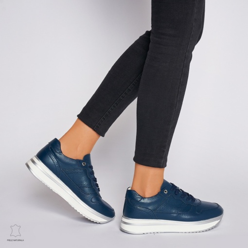 Pantofi casual de dama din piele naturala cu talpa groasa LF0001 Bleumarin - Img 4