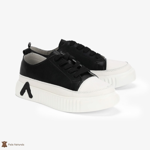 Pantofi Casual de dama din Piele naturala cu talpa groasa LF0489 NEGRU CU ALB - Img 3