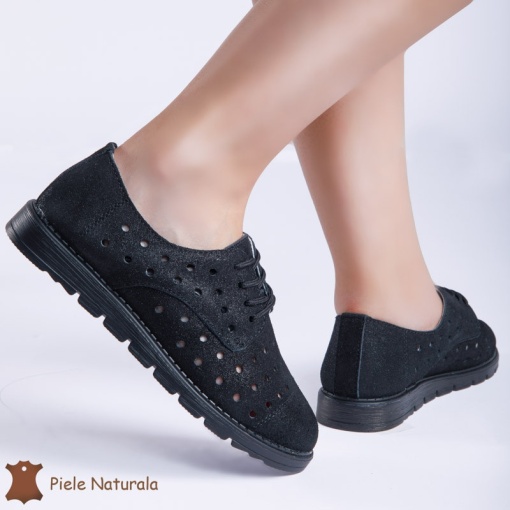Pantofi Casual de dama perforati din Piele Naturala cu talpa joasa LF0166 NEGRU - Img 2