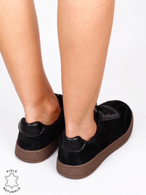 Pantofi sport damă din piele întoarsă naturală cu talpă confortabilă LF1809 Negru - Img 3
