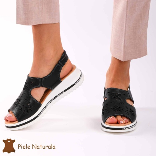 Sandale dama din Piele Naturala cu talpa Inalta LF0195 NEGRU - Img 3