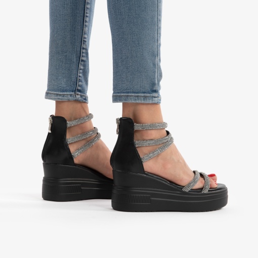 SANDALE DIN PIELE ECOLOGICA CU PLATFORMA SI STRASURI LF0749 NEGRU - Img 3