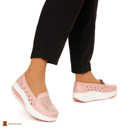 Mocasini Dama Piele Naturala perforati cu talpa groasa LF0079 ROZ - Img 2