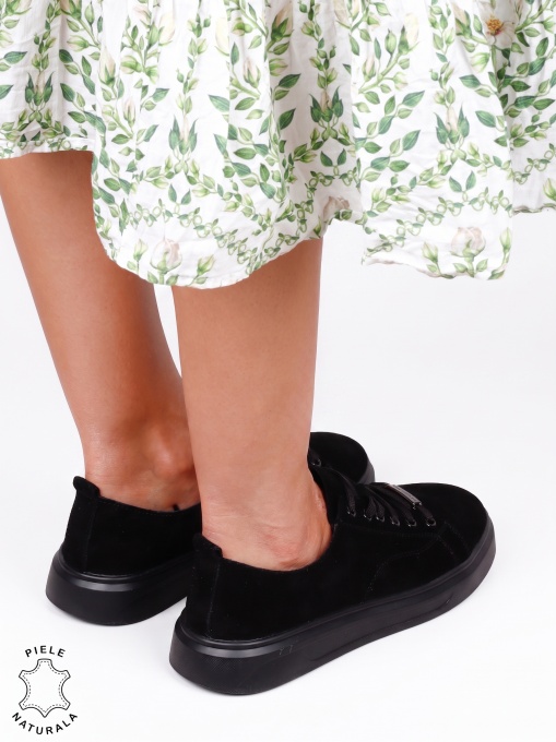 Pantofi casual dama din piele naturală cu accesoriu decorativ LF1821 Negru - Img 3