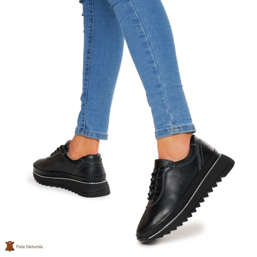 Pantofi Casual dama din Piele naturala cu talpa groasa LF0048 NEGRU - Img 3