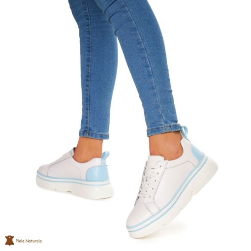 Pantofi Casual dama din Piele naturala cu talpa groasa LF0054 ALB CU ALBASTRU - Img 3