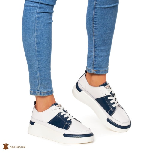 Pantofi Casual dama din Piele naturala cu talpa groasa LF0056 ALB CU NAVY - Img 2