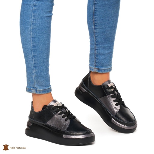 Pantofi Casual dama din Piele naturala cu talpa groasa LF0056 NEGRU CU PEWTER - Img 2
