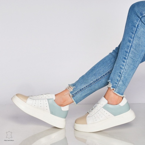 Pantofi Casual dama din Piele naturala cu talpa groasa Multicolor LF0040ALB CU ALBASTRU - Img 4