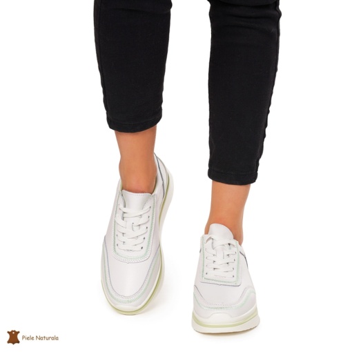 Pantofi casual dama din Piele naturală LF1325 ALB CU VERDE - Img 4