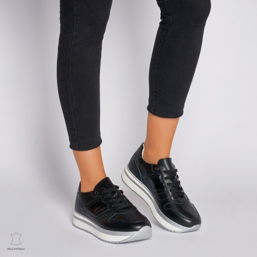 Pantofi casual de dama din piele naturala cu talpa groasa LF0001 BLACK - Img 2