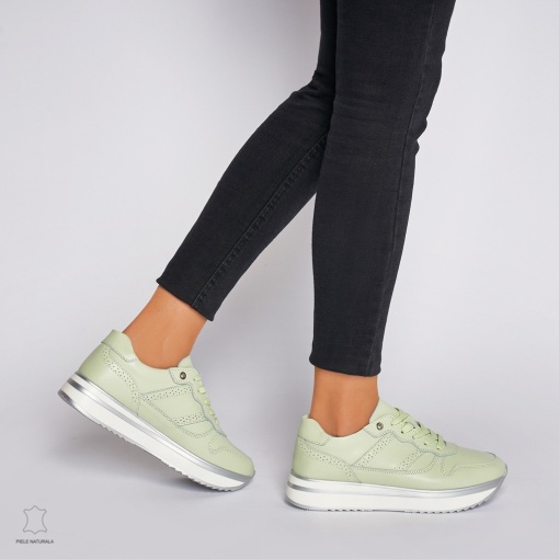 Pantofi casual de dama din piele naturala cu talpa groasa LF0001 Verde - Img 4