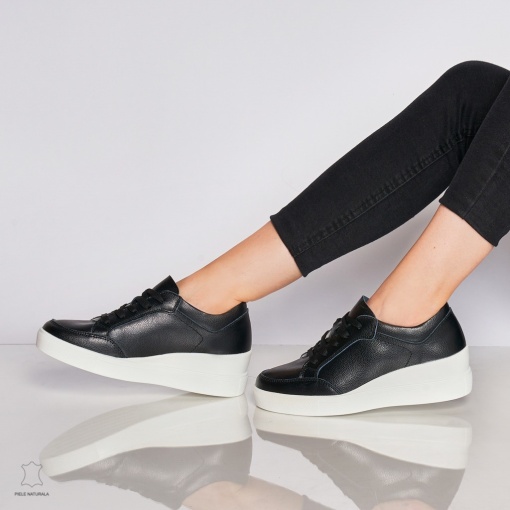 Pantofi casual de dama din piele naturala cu talpa plata LF0034 Negri - Img 2