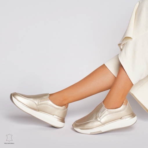 Pantofi casual de dama din piele naturala cu talpa platforma LF0015 Auriu - Img 3