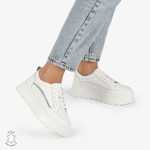 Pantofi CASUAL PIELE NATURALA dunga decorativa cu talpa inalta LF1261 White - Img 2
