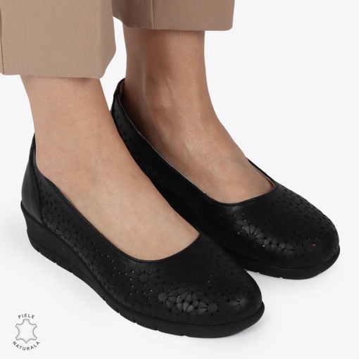 Balerini dama din Piele Naturala cu talpa groasa si Perforati LF01381NEGRU - Img 3