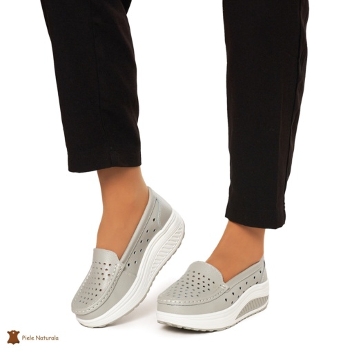 Mocasini Dama Piele Naturala perforati cu talpa groasa LF0079 GRI - Img 2
