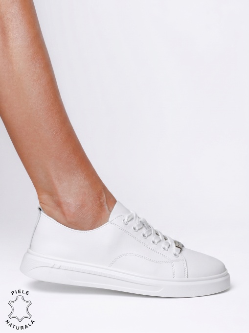 Pantofi casual dama din piele naturală cu accesoriu decorativ LF1821 Alb - Img 2