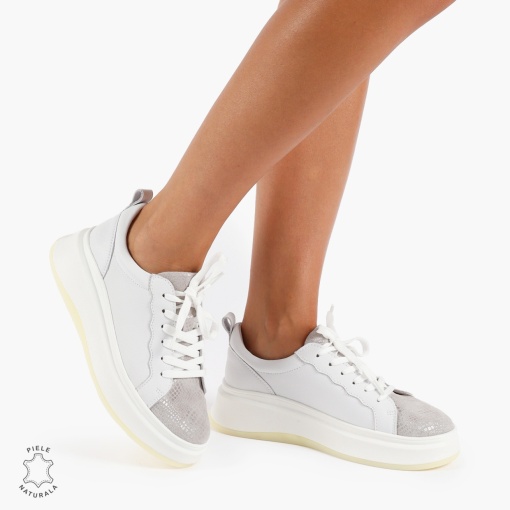 Pantofi Casual DAMA din PIELE Naturala LF0947 CULOARE: ALB CU ARGINTIU - Img 3
