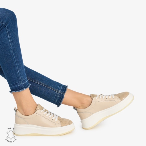 Pantofi Casual DAMA din PIELE Naturala LF0947 CULOARE: BEJ SI AURIU - Img 2