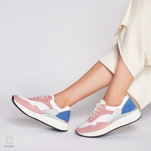 Pantofi Casual dama din Piele naturala Multicolor LF1234 ALB CU ROZ - Img 4