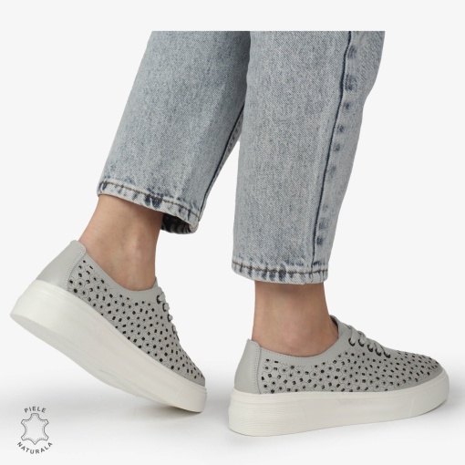 Pantofi Casual dama din Piele naturala PERFORATI USORI CU SIRET LF1341 GRI - Img 3