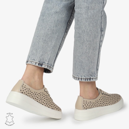 Pantofi Casual dama din Piele naturala PERFORATI USORI CU SIRET LF1341 BEJ - Img 2