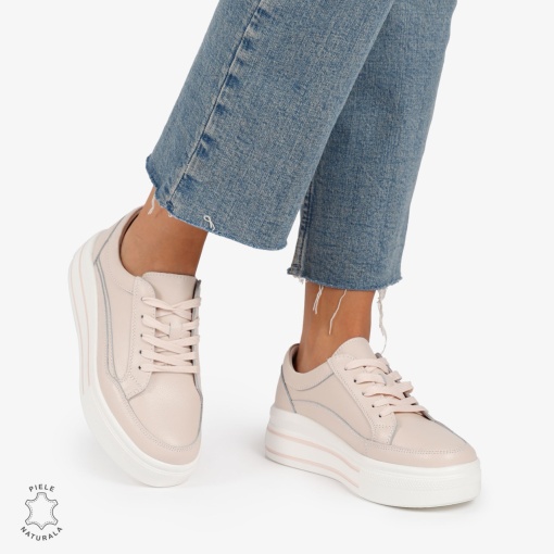 Pantofi Casual de dama din Piele Naturala cu talpa inalta si Dungi LF1203 Roz - Img 2