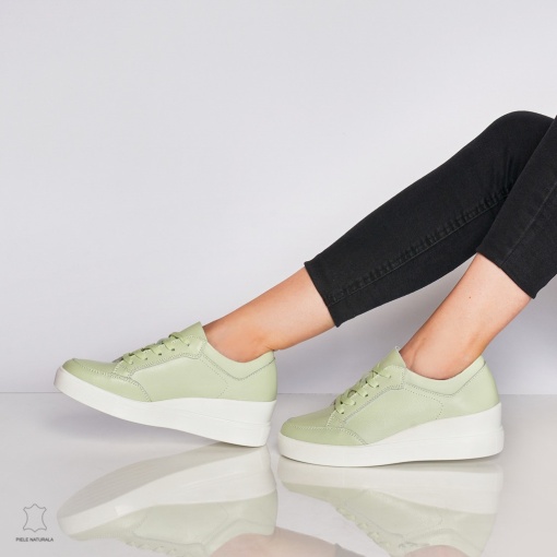 Pantofi casual de dama din piele naturala cu talpa plata LF0034 Verde - Img 3