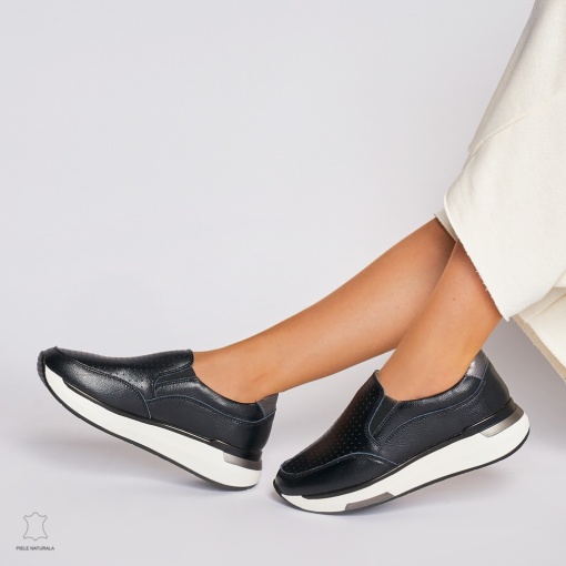 Pantofi casual de dama din piele naturala cu talpa platforma LF0015 Negri - Img 3
