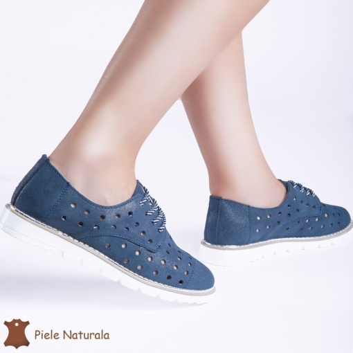Pantofi Casual de dama perforati din Piele Naturala cu talpa joasa LF0166 bleumarin - Img 2