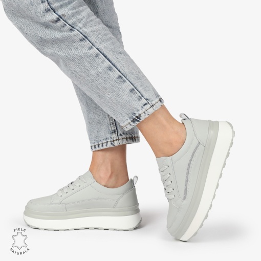 Pantofi CASUAL PIELE NATURALA dunga decorativa cu talpa inalta LF1261 Gri - Img 2