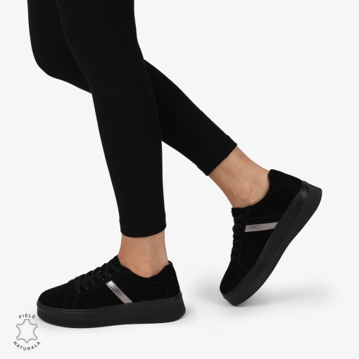 Pantofi CASUAL PIELE NATURALA Intoarsa cu linii decorative LF1270 Negru - Img 2