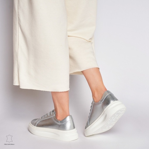 Pantofii casual de dama din piele naturală cu șiret comozi și versatili LF1447 ARGINTIU - Img 3