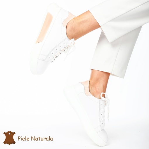 Pantofii casual piele naturala LF1326 ALB CU ROZ - Img 3
